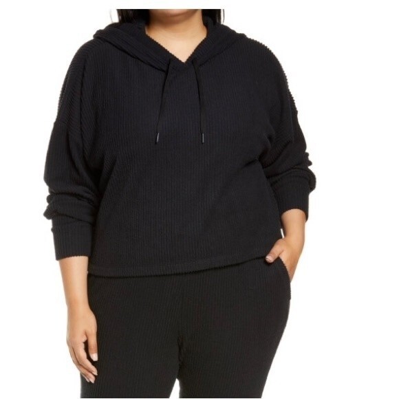 NEW Zella Nordstrom Sloane Cozy Ribbed Black Hoodie Cropped Sweatshirt Size 2X - Picture 2 of 10